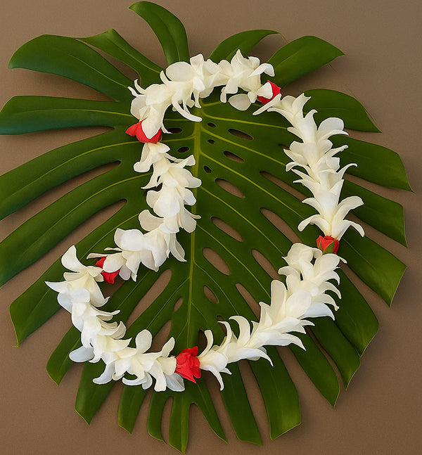 Single White Orchid Lei with Red Roses