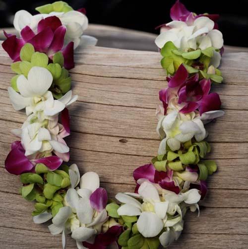 Triple 3-Color Orchid Lei ( white/Green/Purple)