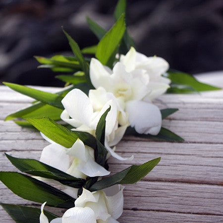 Ti Leaf lei with white Orchid Wrap